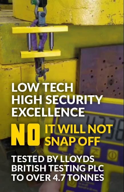 The KLUNK in the Lloyds British test rig — low tech, high security, it will not snap off