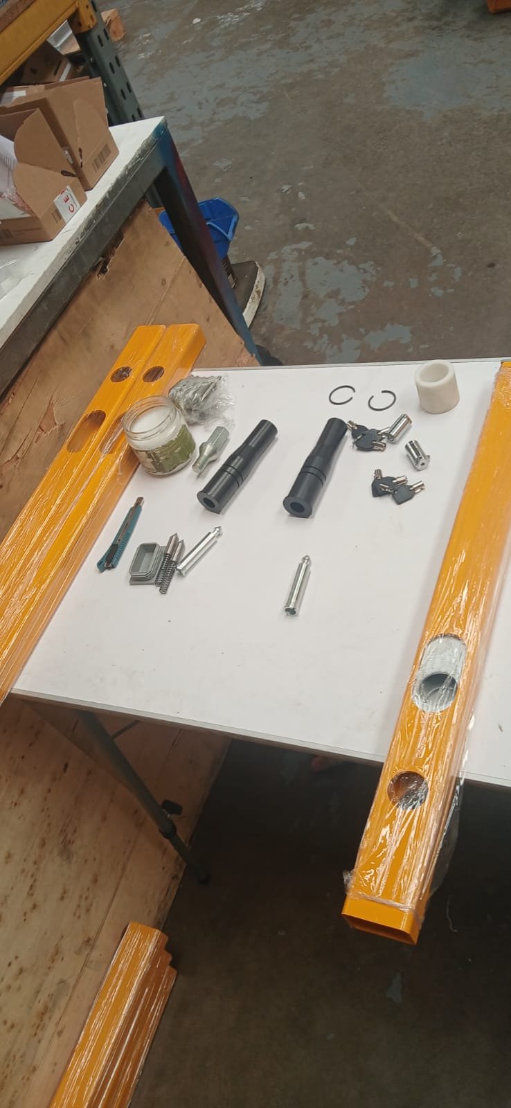 Orange KLUNK with all parts and locks laid out